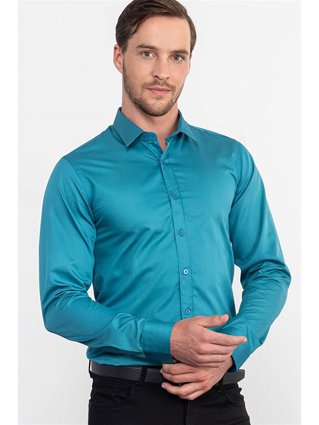 Slim Fit Düz İnce Pamuk Saten Erkek Petrol Gömlek