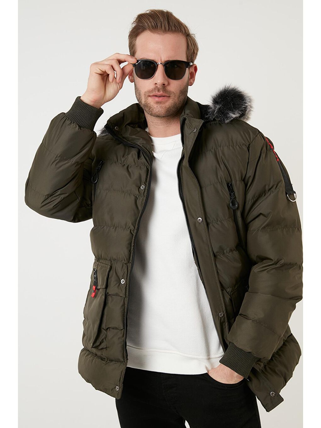 Haki Peluş Astarlı Yakası Suni Kürklü Kapüşonlu Mont 5855040