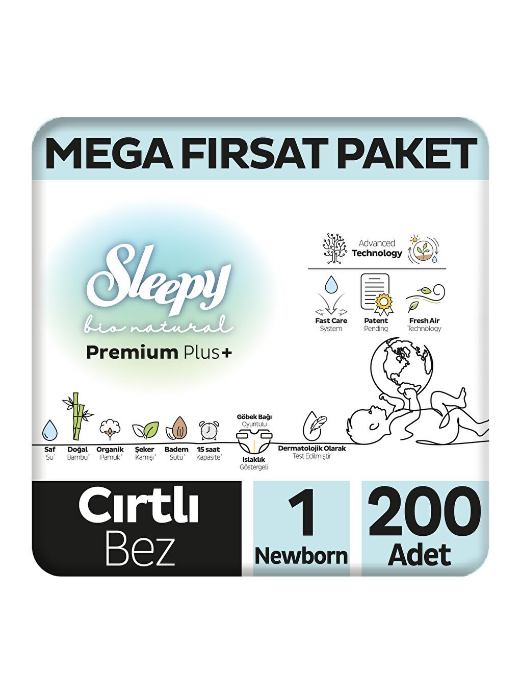 Bio Natural Premium Plus Mega Fırsat Paketi Bebek Bezi 1 Numara Newborn 200 Adet