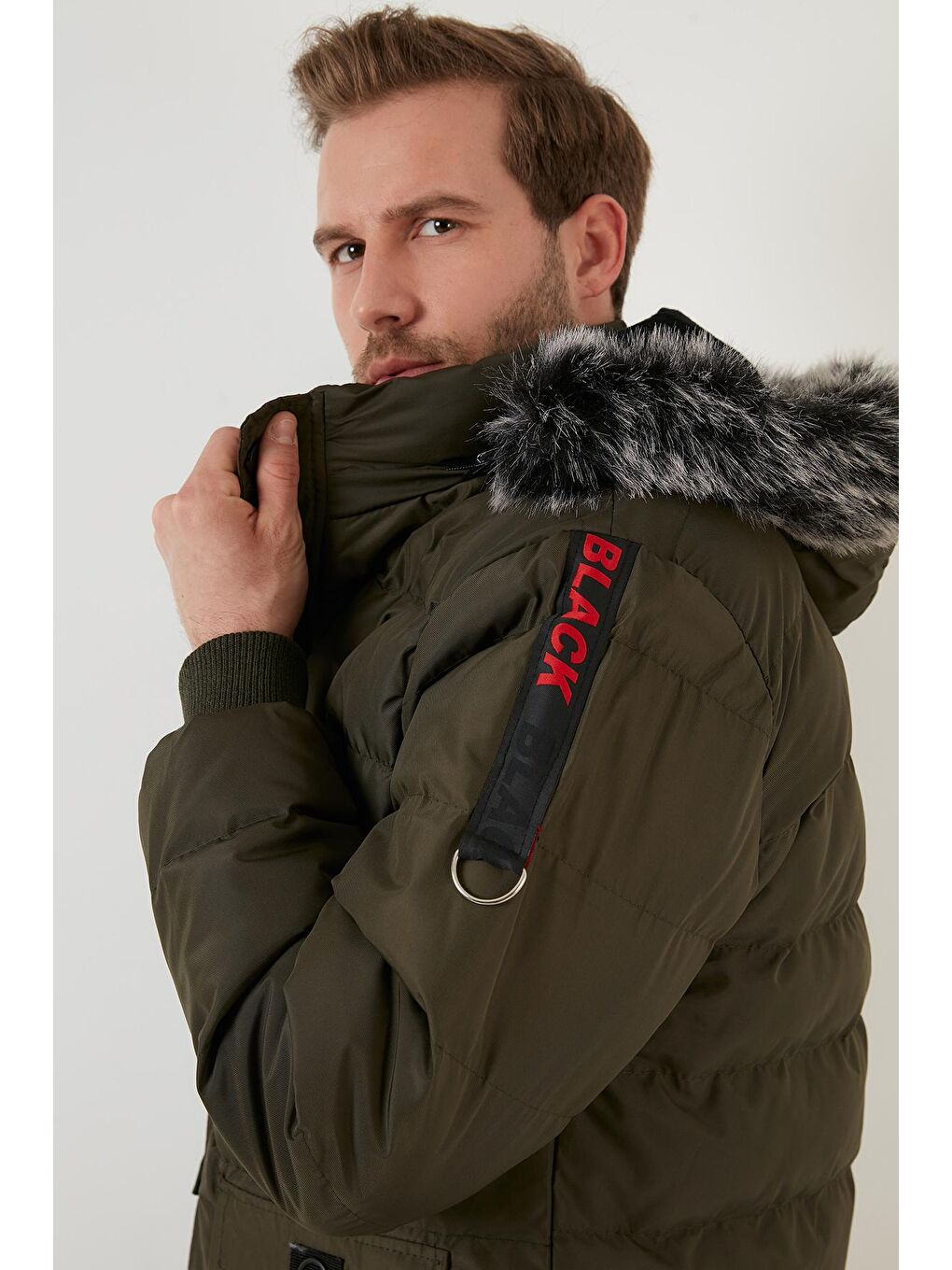 Haki Peluş Astarlı Yakası Suni Kürklü Kapüşonlu Mont 5855040-1