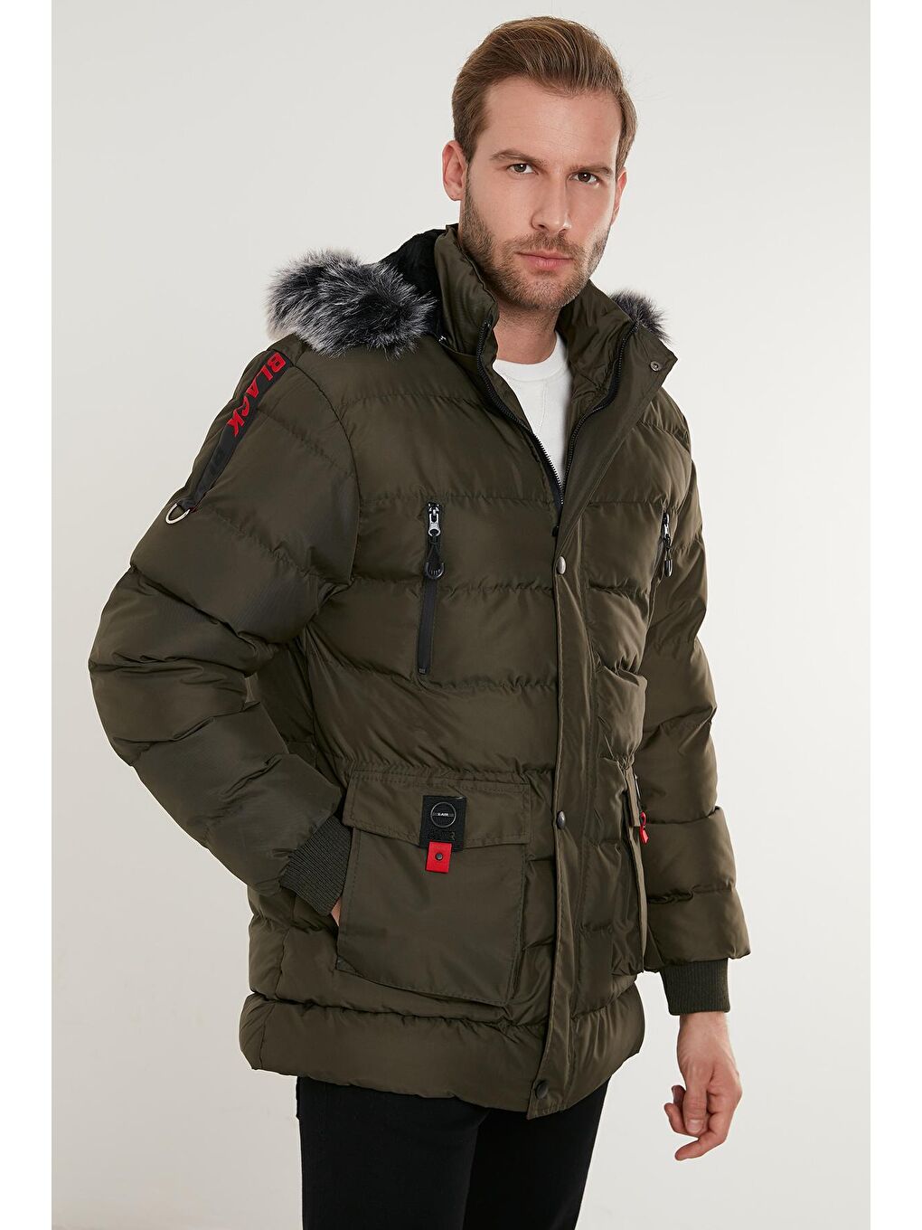 Haki Peluş Astarlı Yakası Suni Kürklü Kapüşonlu Mont 5855040-2