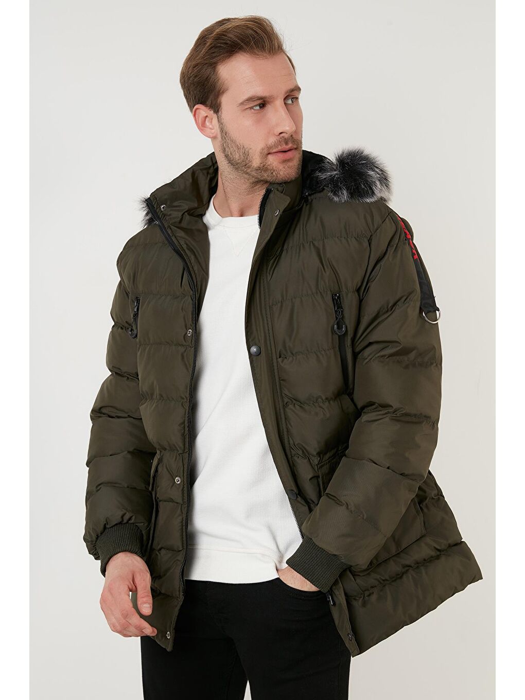 Haki Peluş Astarlı Yakası Suni Kürklü Kapüşonlu Mont 5855040-3