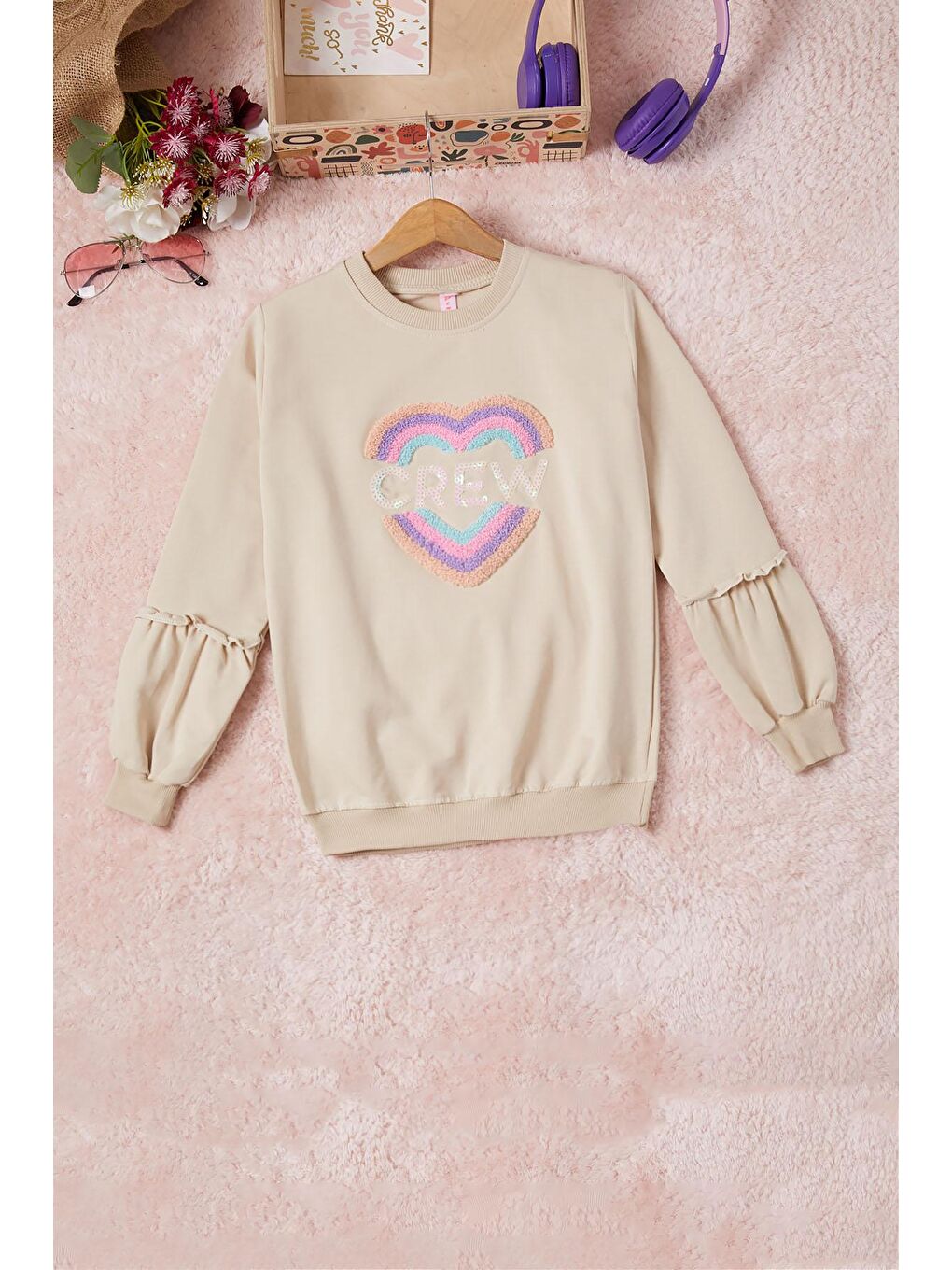 Pembe Life Kids Club Krem Renkli Kalp Desenli Payetli Kız Çocuk Sweatshirt 16697