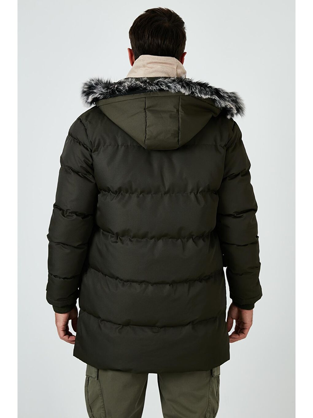 Haki Yakası Suni Kürklü Çıkarılabilir Kapüşonlu Slim Fit Uzun Şişme Mont 5761050-4