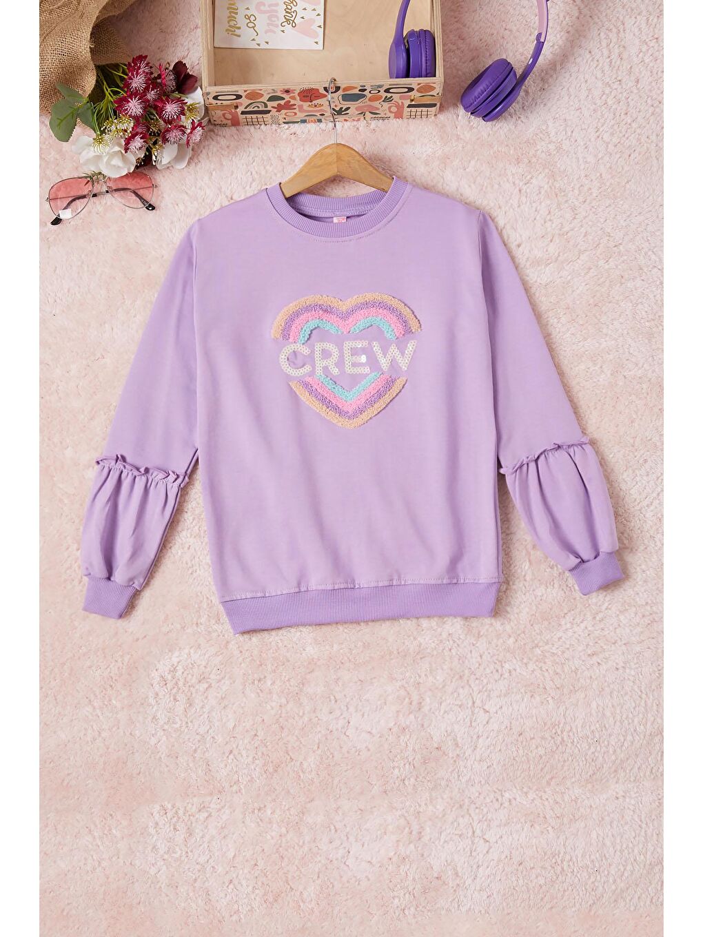 Pembe Life Kids Club Lila Renkli Kalp Desenli Payetli Kız Çocuk Sweatshirt 16698