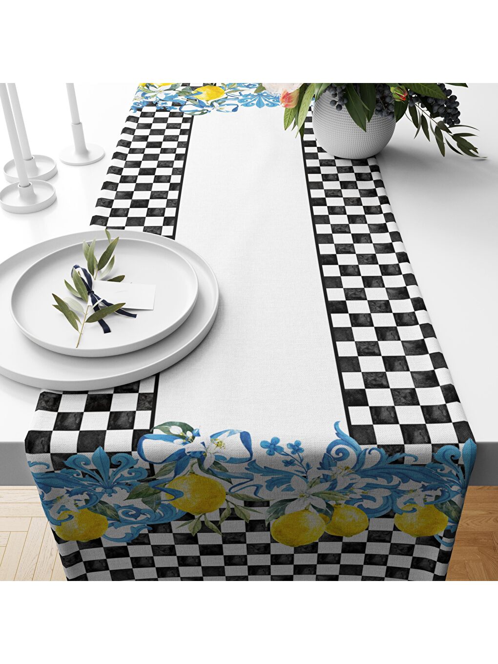 Karışık Siyah Pötikare Limon Desenli Kadife Runner  40x140 cm