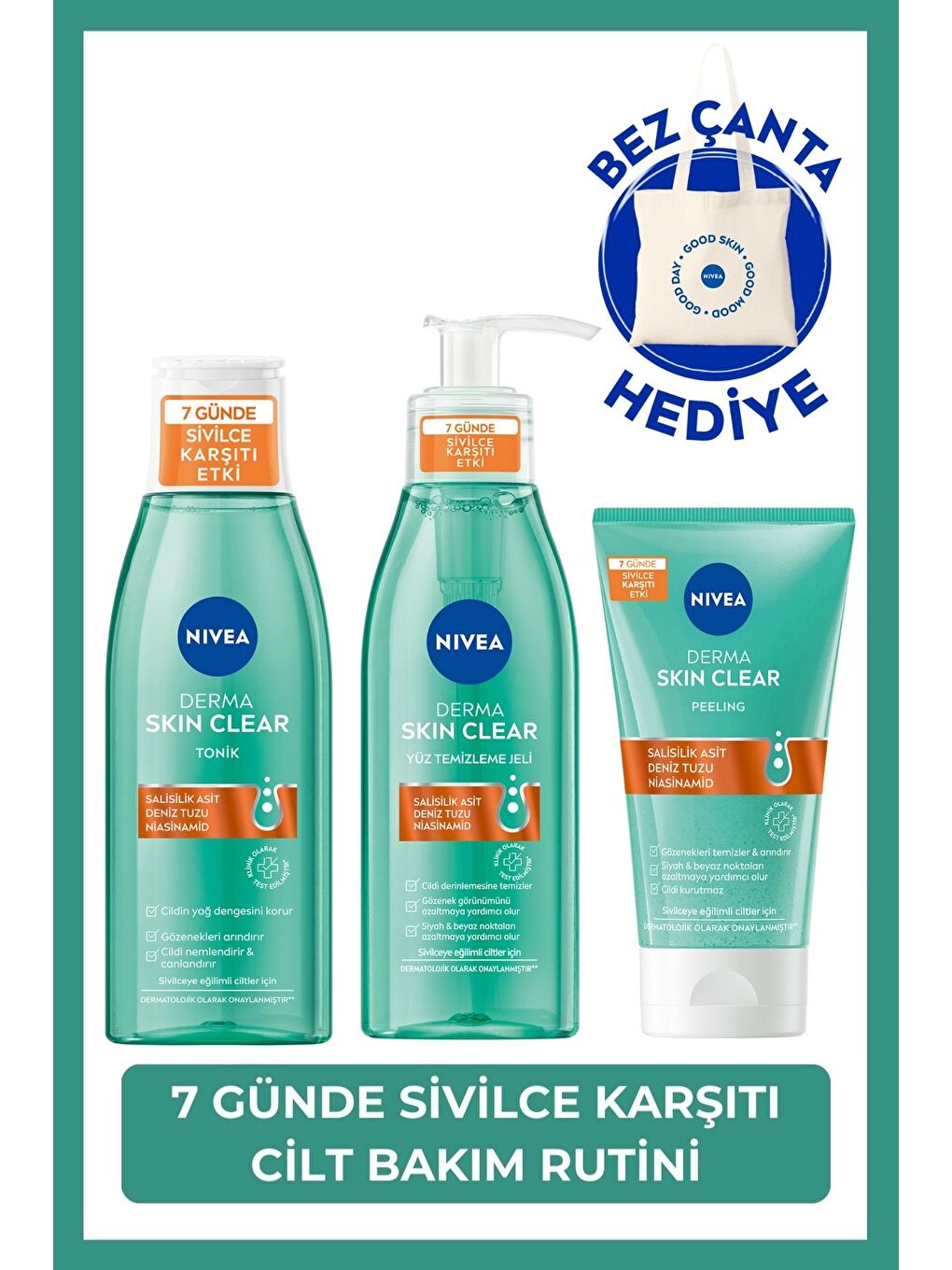 Derma Skin Clear Sivilce Karşıtı Yüz Temizleme Jeli 150ml, Tonik 200ml ve Peeling 150ml,Çanta Hediye