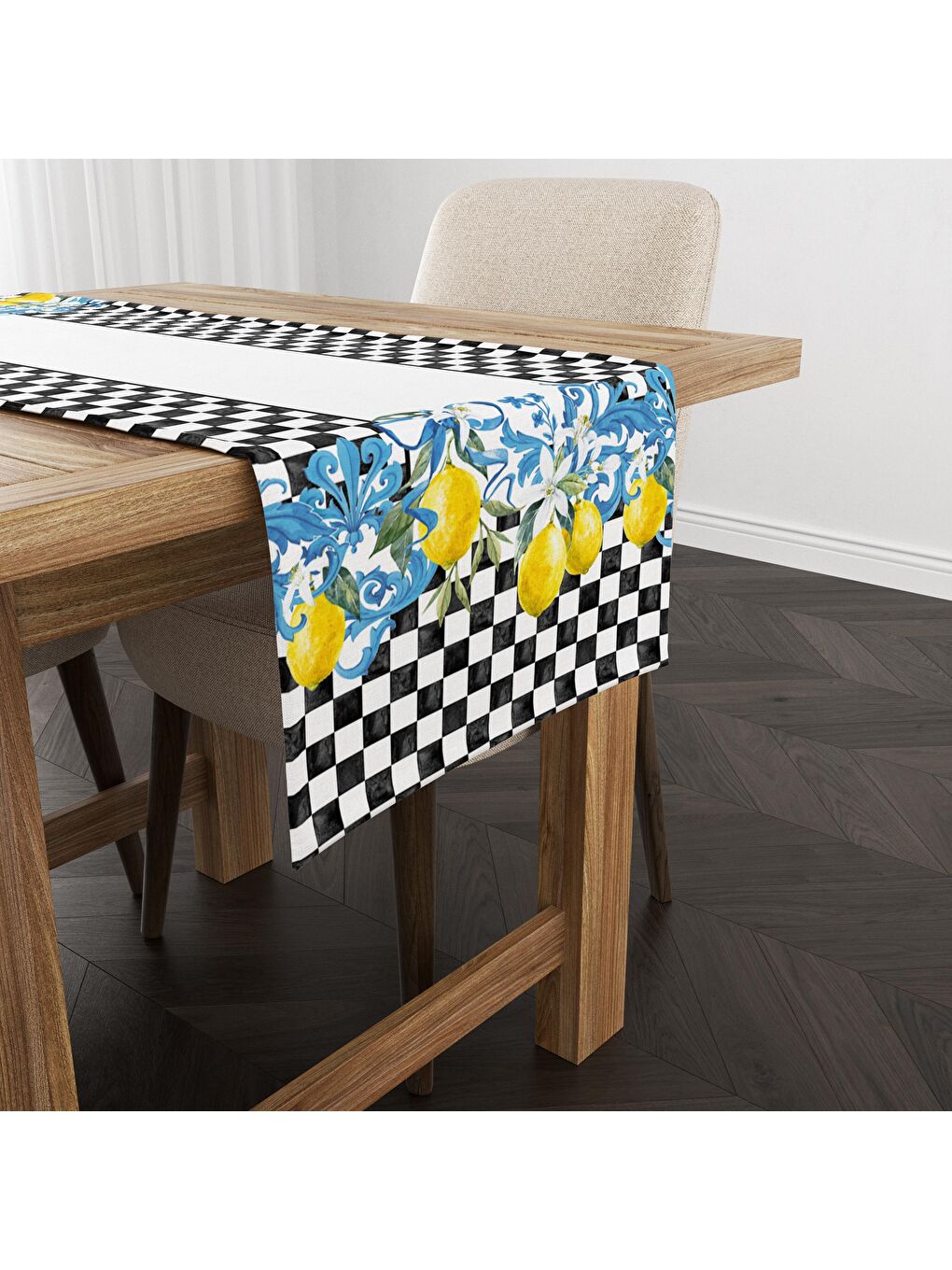 Karışık Siyah Pötikare Limon Desenli Kadife Runner  40x140 cm-1
