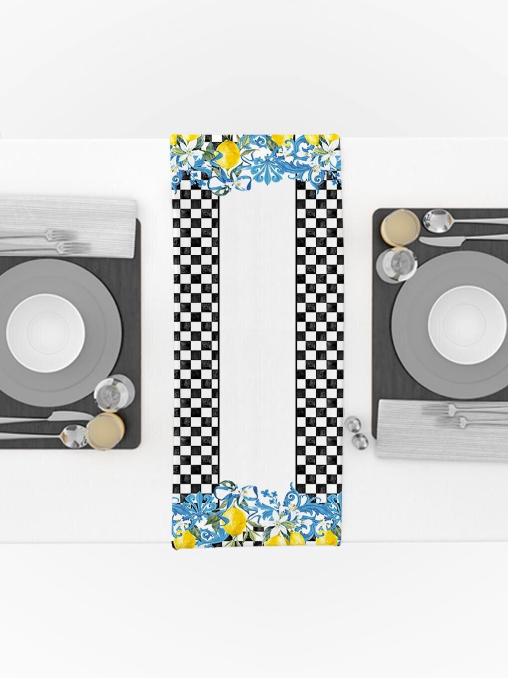 Karışık Siyah Pötikare Limon Desenli Kadife Runner  40x140 cm-2