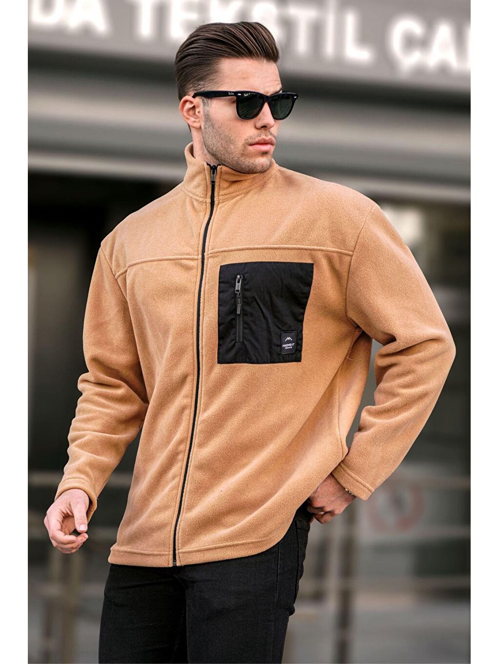 Madmext Deve Tüyü Camel  Dik Yaka Fermuarlı Rüzgar Geçirmez Outdoor Erkek Polar Sweatshirt 6046