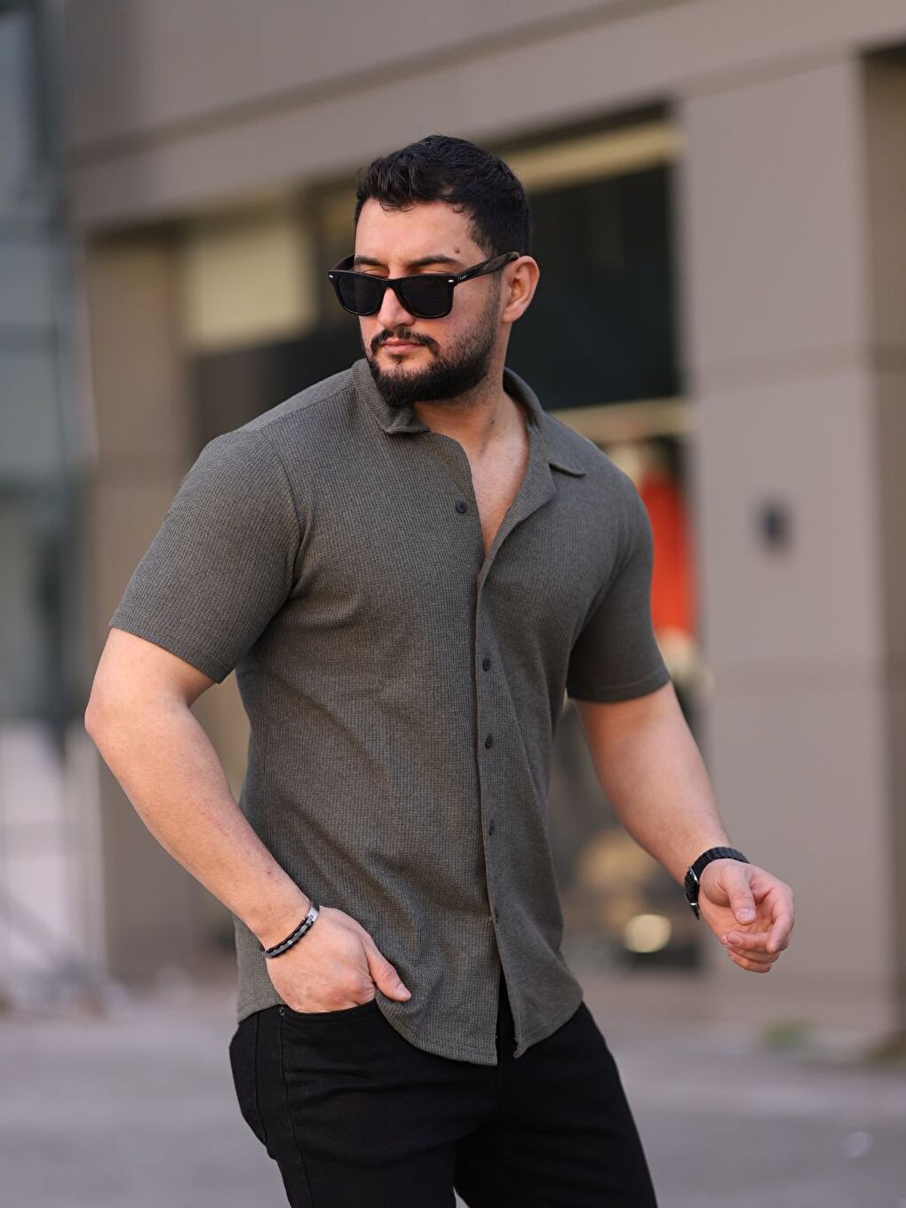 Erkek Haki Örme Kısa Kollu Erkek Gömlek-1