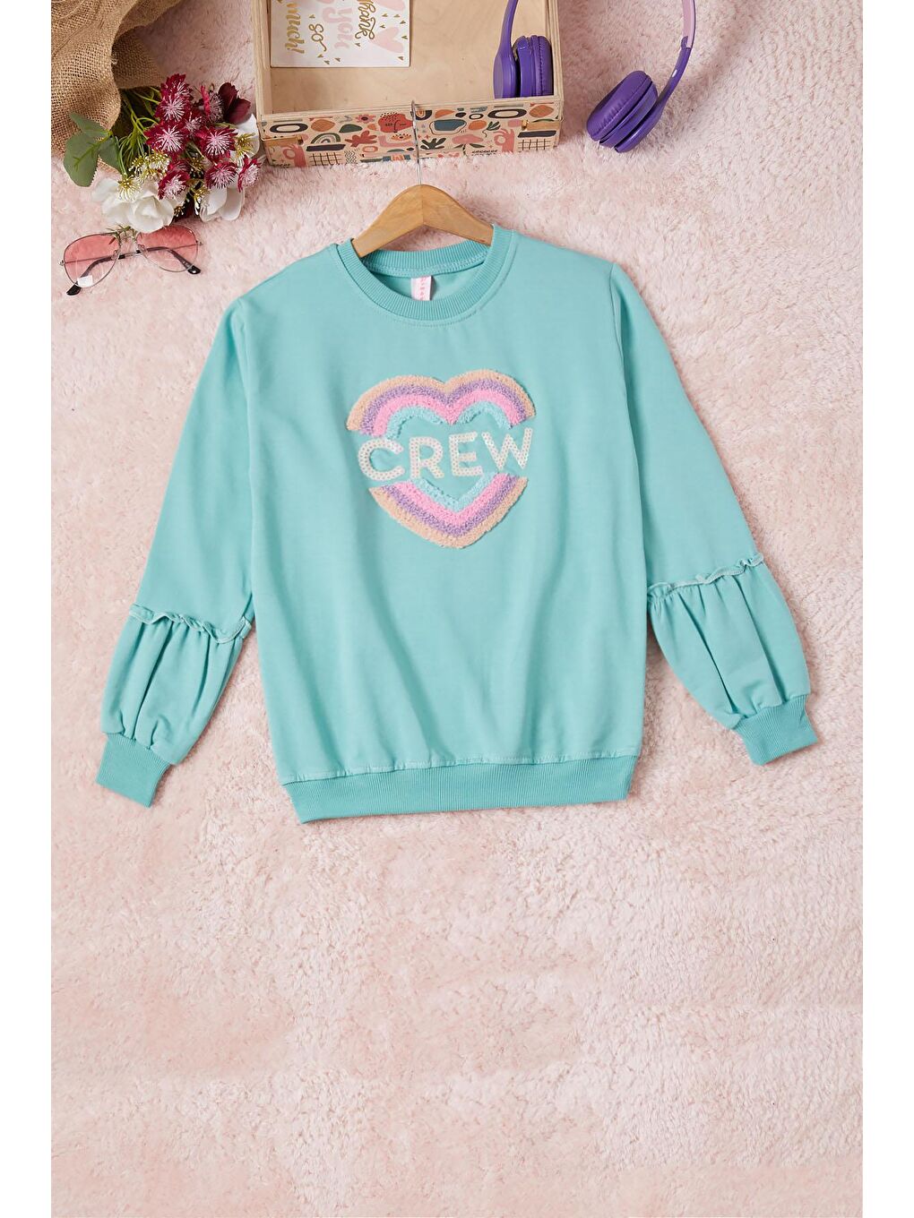 Pembe Life Kids Club Yeşil Renkli Kalp Desenli Payetli Kız Çocuk Sweatshirt 16699