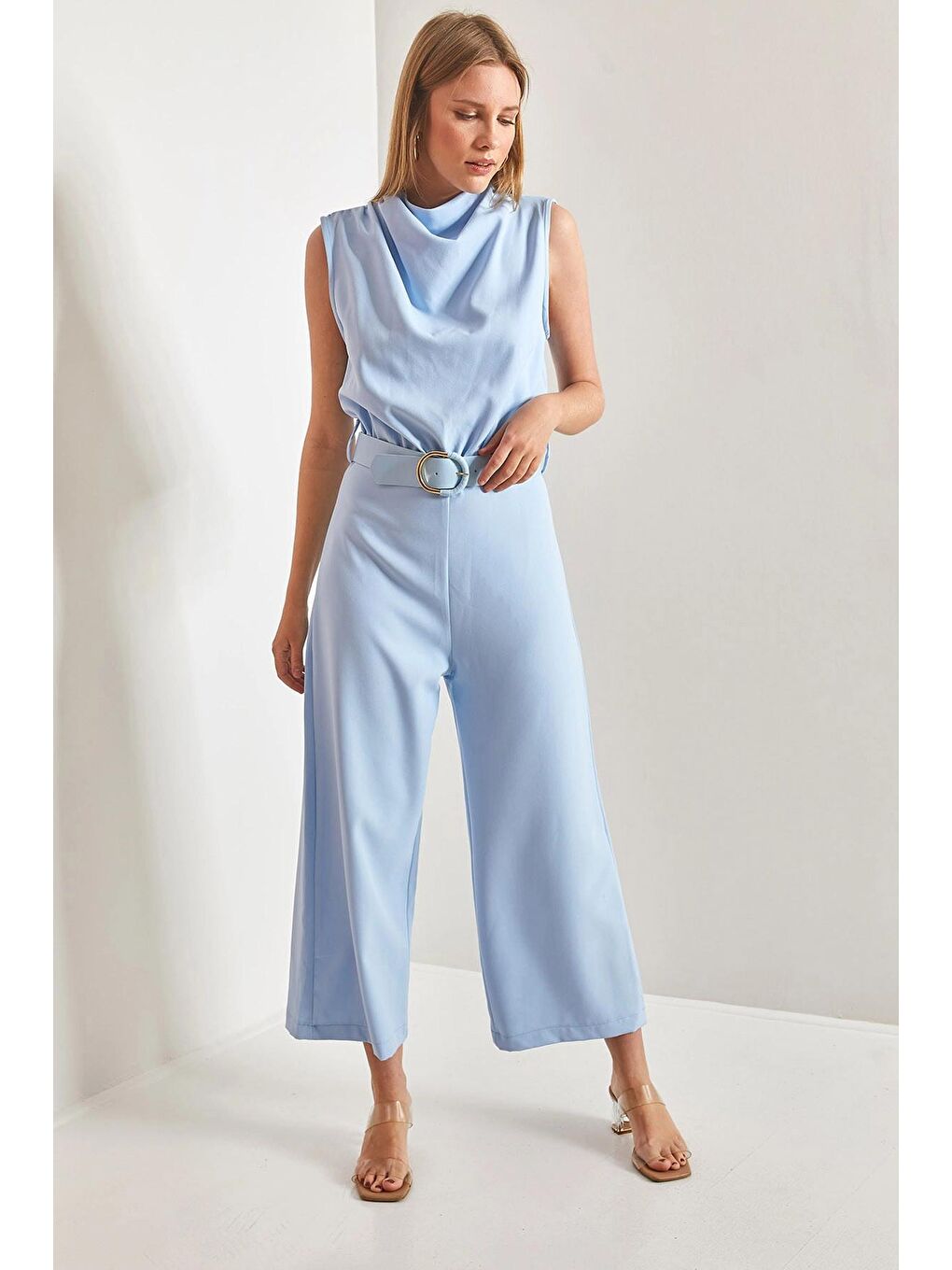 Mavi Kadın Kemerli Degaje Yaka Tulum