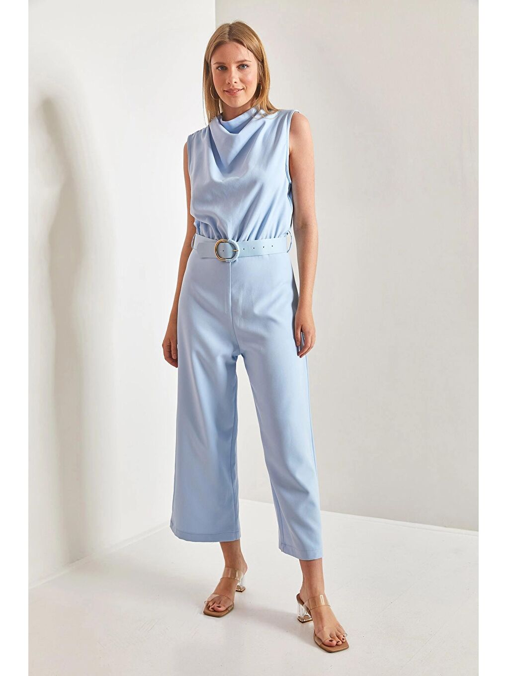 Mavi Kadın Kemerli Degaje Yaka Tulum-1