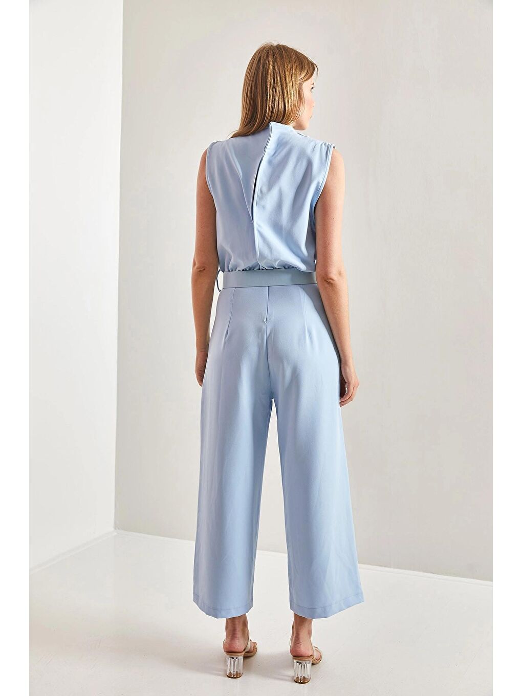 Mavi Kadın Kemerli Degaje Yaka Tulum-2