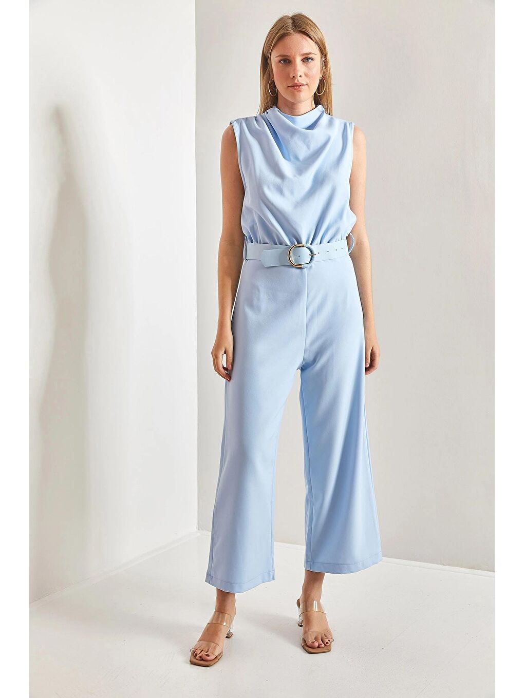 Mavi Kadın Kemerli Degaje Yaka Tulum-3