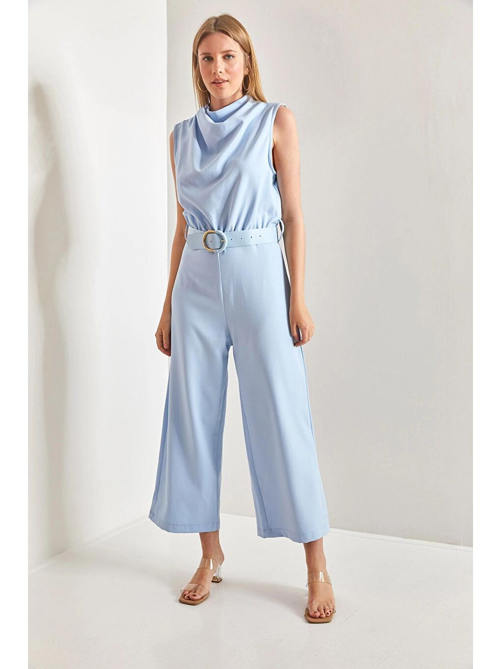 Mavi Kadın Kemerli Degaje Yaka Tulum-4