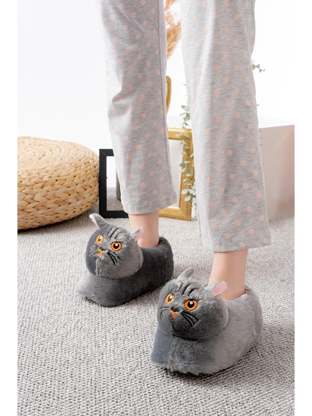 Gri Kedi Figürlü Pelüş Panduf Ev Pandufu Unisex-2