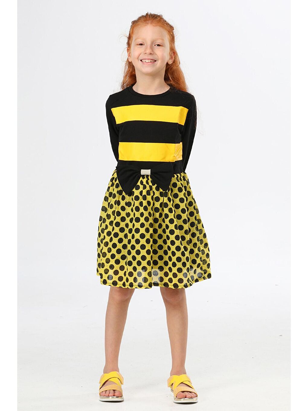 Sarı Bee Dotted Kız Çocuk Elbise