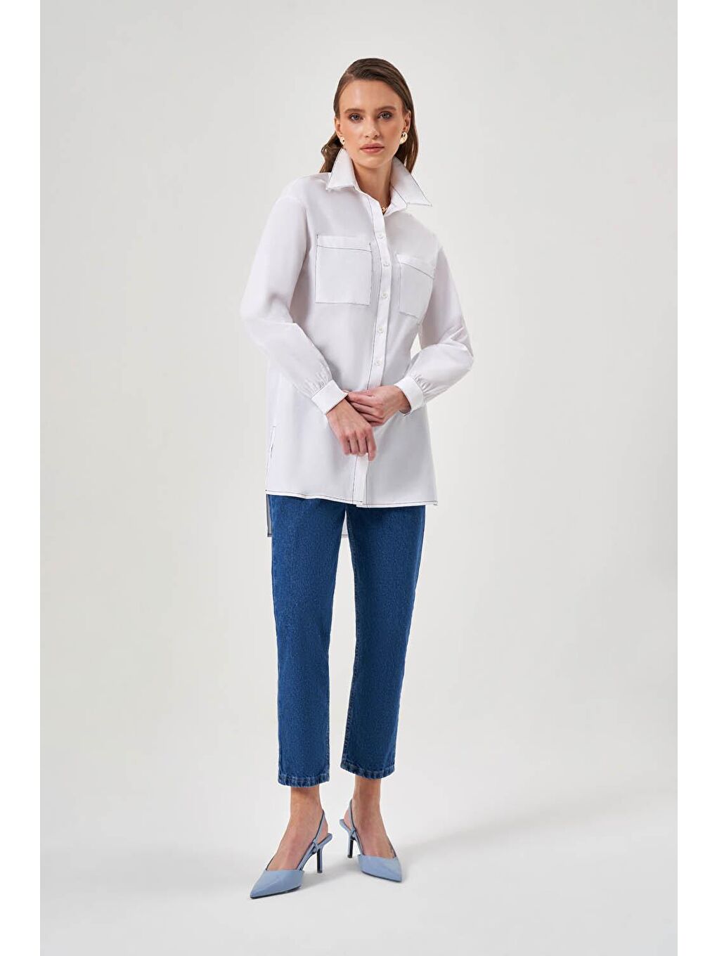 Arkası Uzun Poplin Beyaz Gömlek-2