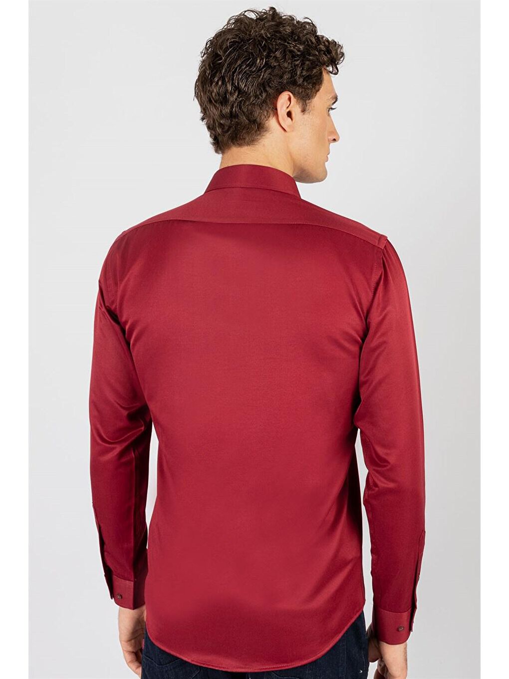 TUDORS Bordo Modern Slim Fit Düz Saten Pamuklu Erkek Bordo Gömlek - 3