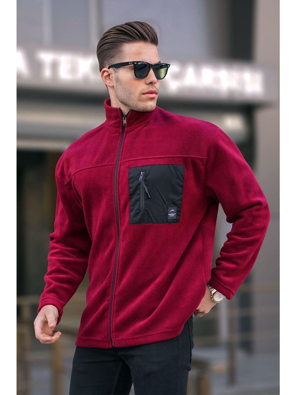 Madmext Bordo Dik Yaka Fermuarlı Rüzgar Geçirmez Outdoor Erkek Polar Sweatshirt 6046