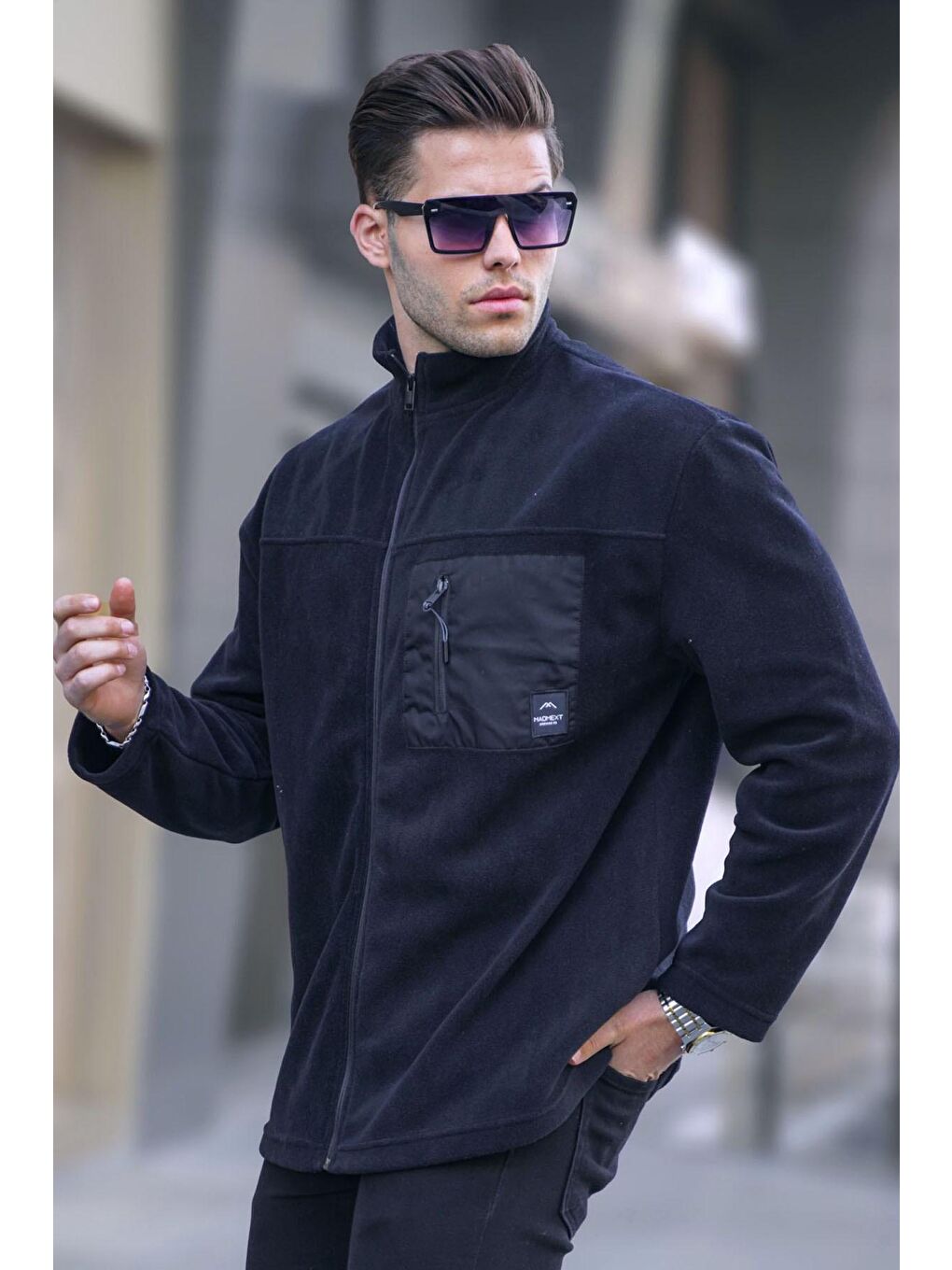 Siyah Dik Yaka  Rüzgar Geçirmez Outdoor Polar Erkek Fermuarlı Sweatshirt Hırka 6046