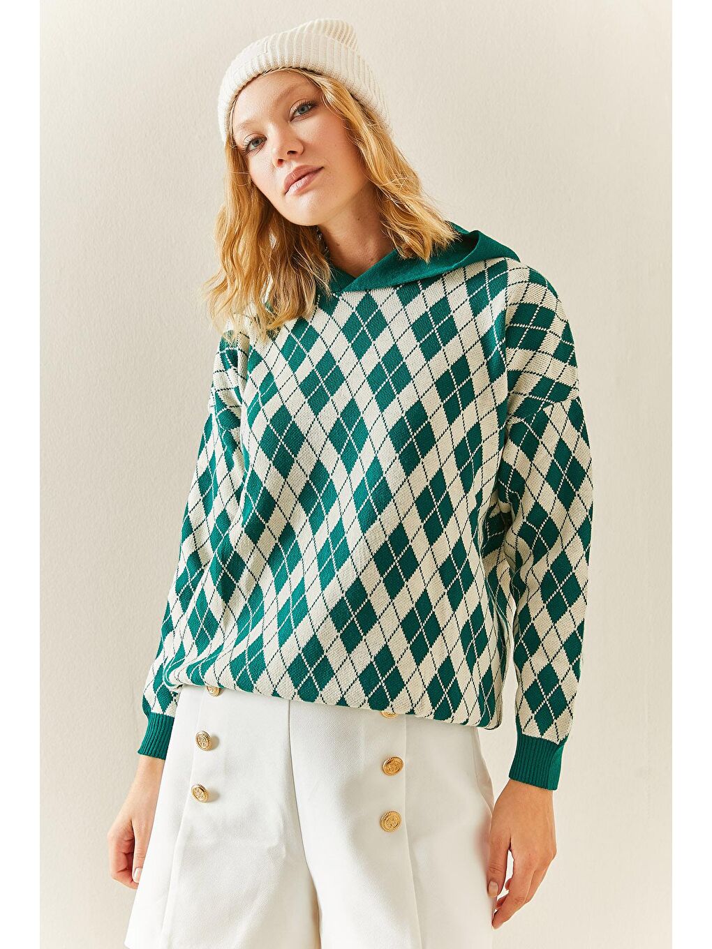 Yeşil Desenli & Kapüşonlü Kazak 3YXK3-47509-08-1