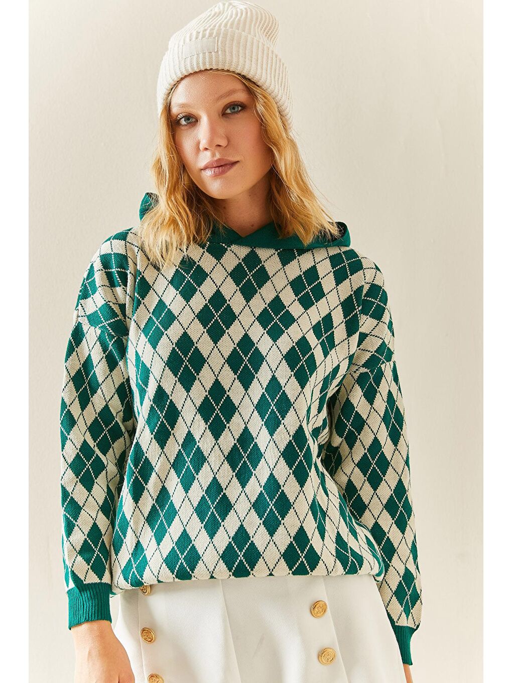 Yeşil Desenli & Kapüşonlü Kazak 3YXK3-47509-08-2