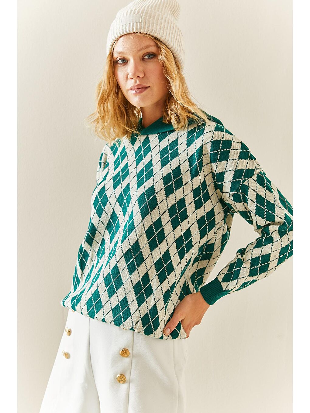 Yeşil Desenli & Kapüşonlü Kazak 3YXK3-47509-08-3