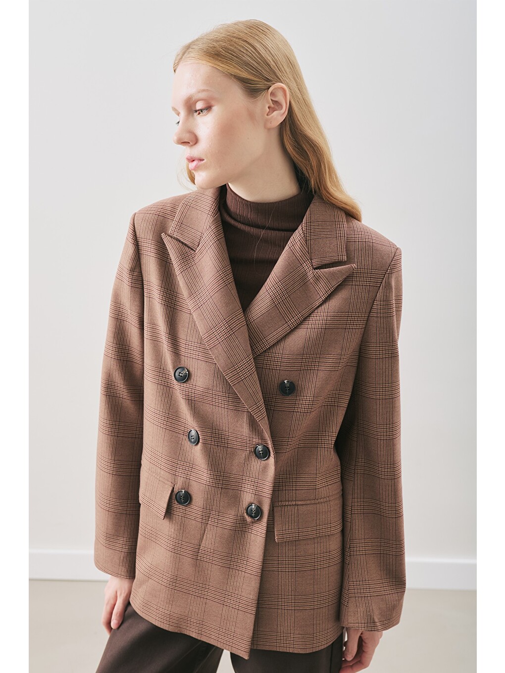 Kruvaze Ekose Blazer Ceket Bordo-3