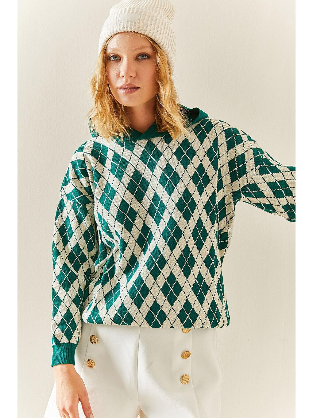 Yeşil Desenli & Kapüşonlü Kazak 3YXK3-47509-08-4