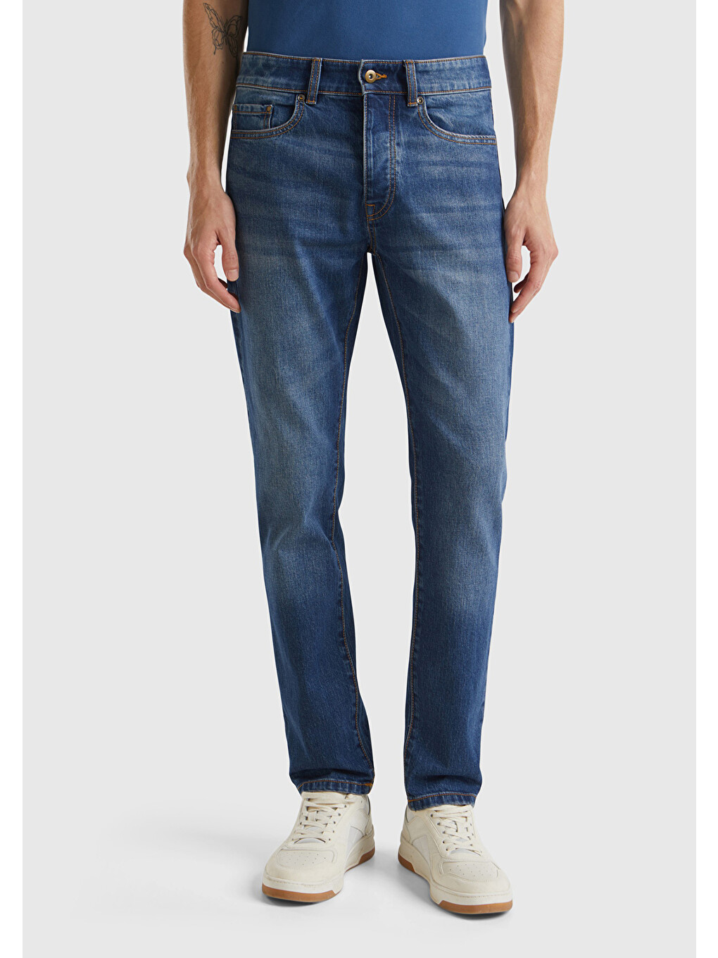 Erkek Mavi Pamuk Karışımlı Arkası Logo Etiketli Cepli Denim Jean Pantolon