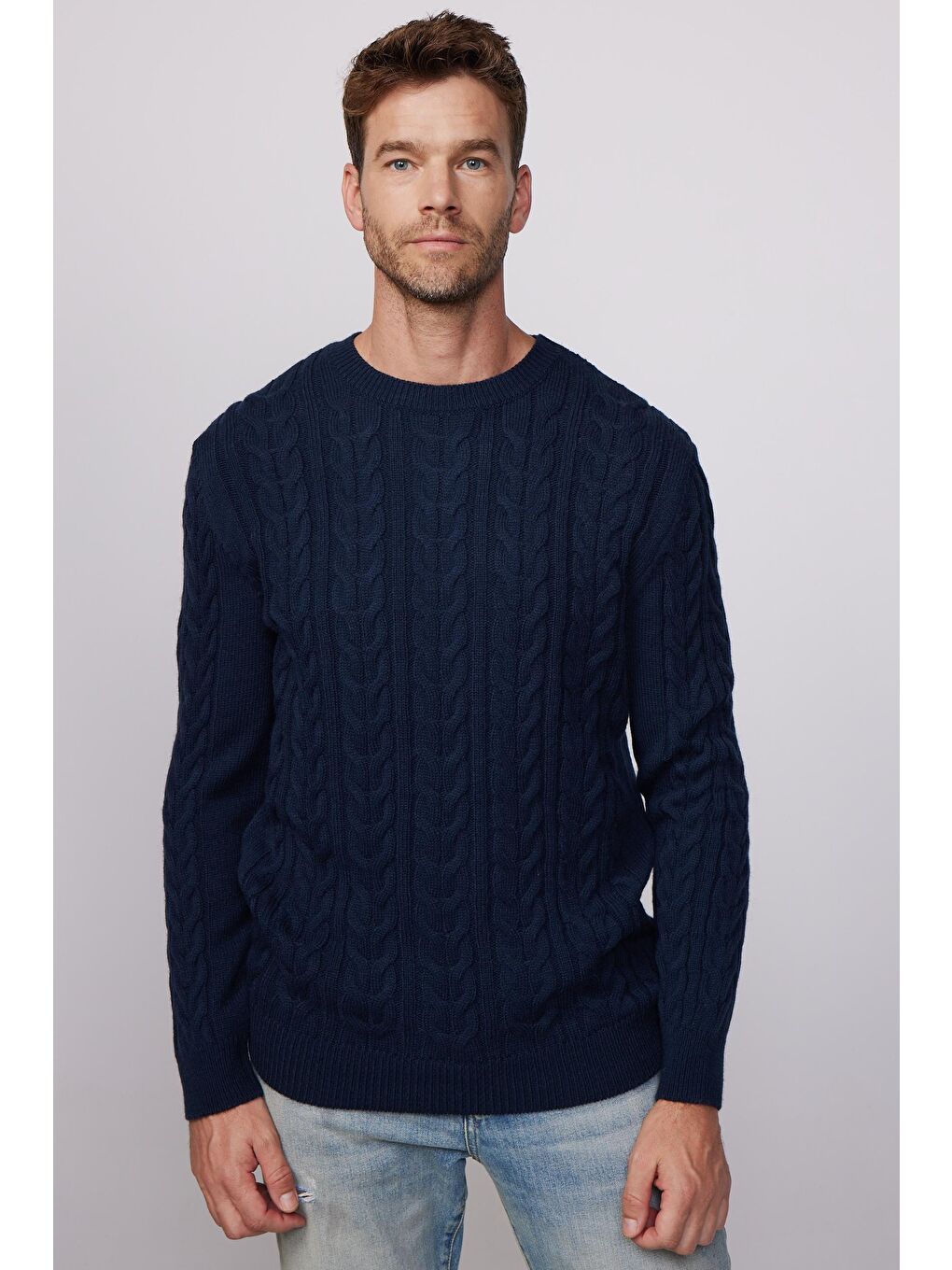 Slim Fit Bisiklet Yaka Desenli Lacivert Erkek Kazak