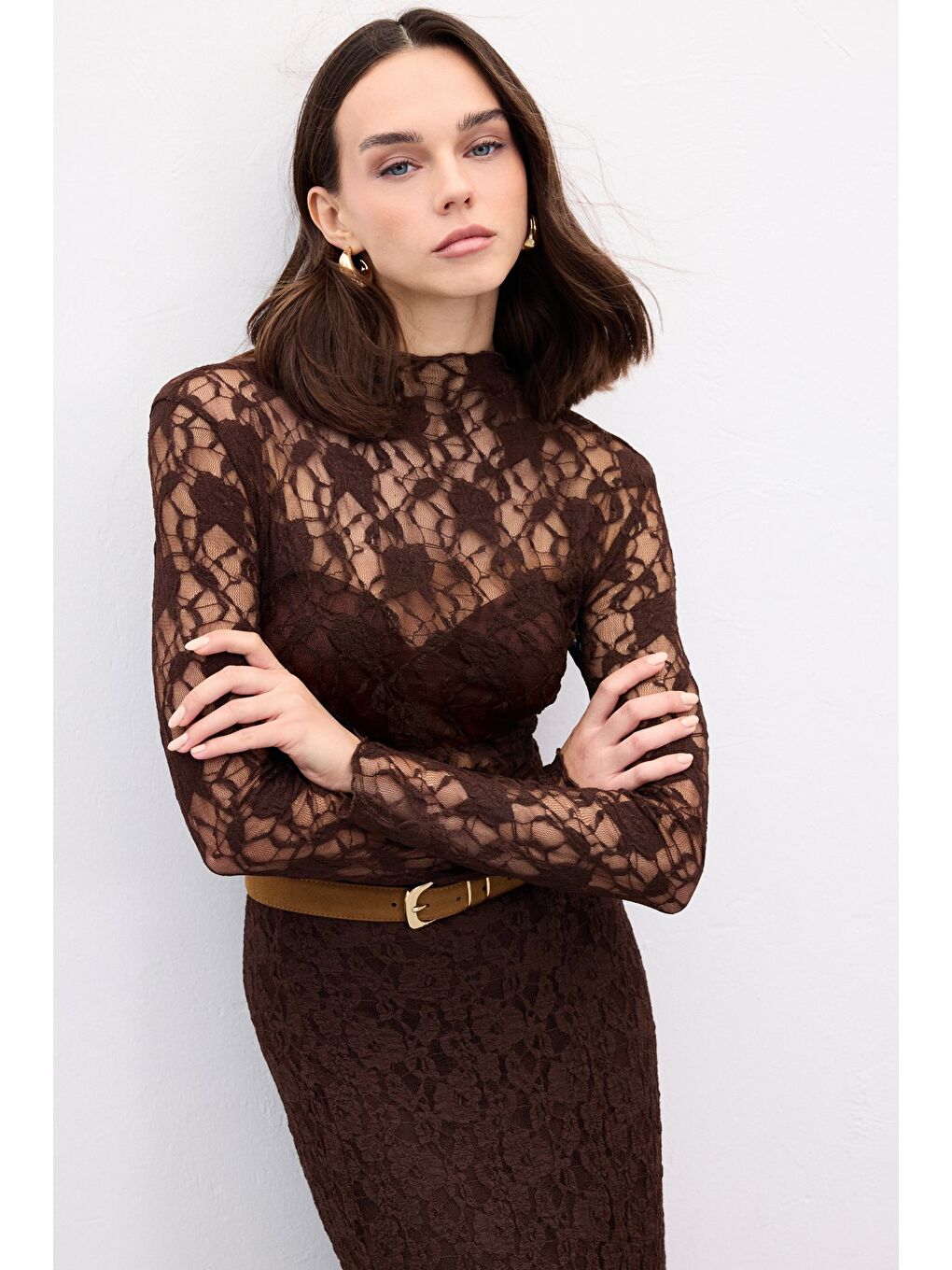 Kahverengi Transparan Dantel Bluz - Kahve