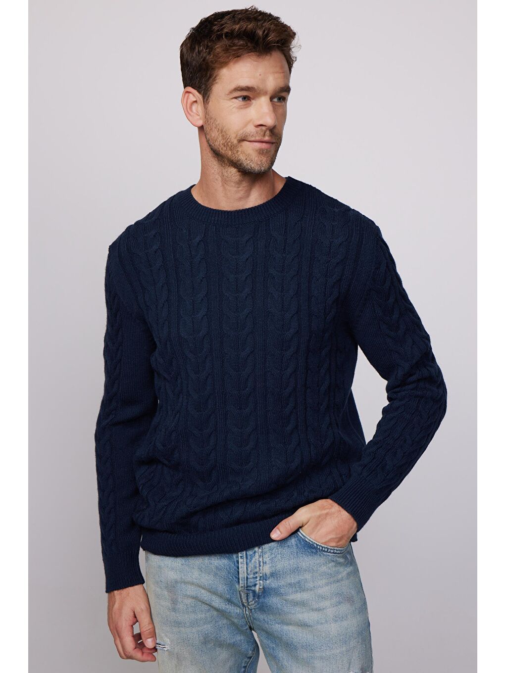 Slim Fit Bisiklet Yaka Desenli Lacivert Erkek Kazak-1