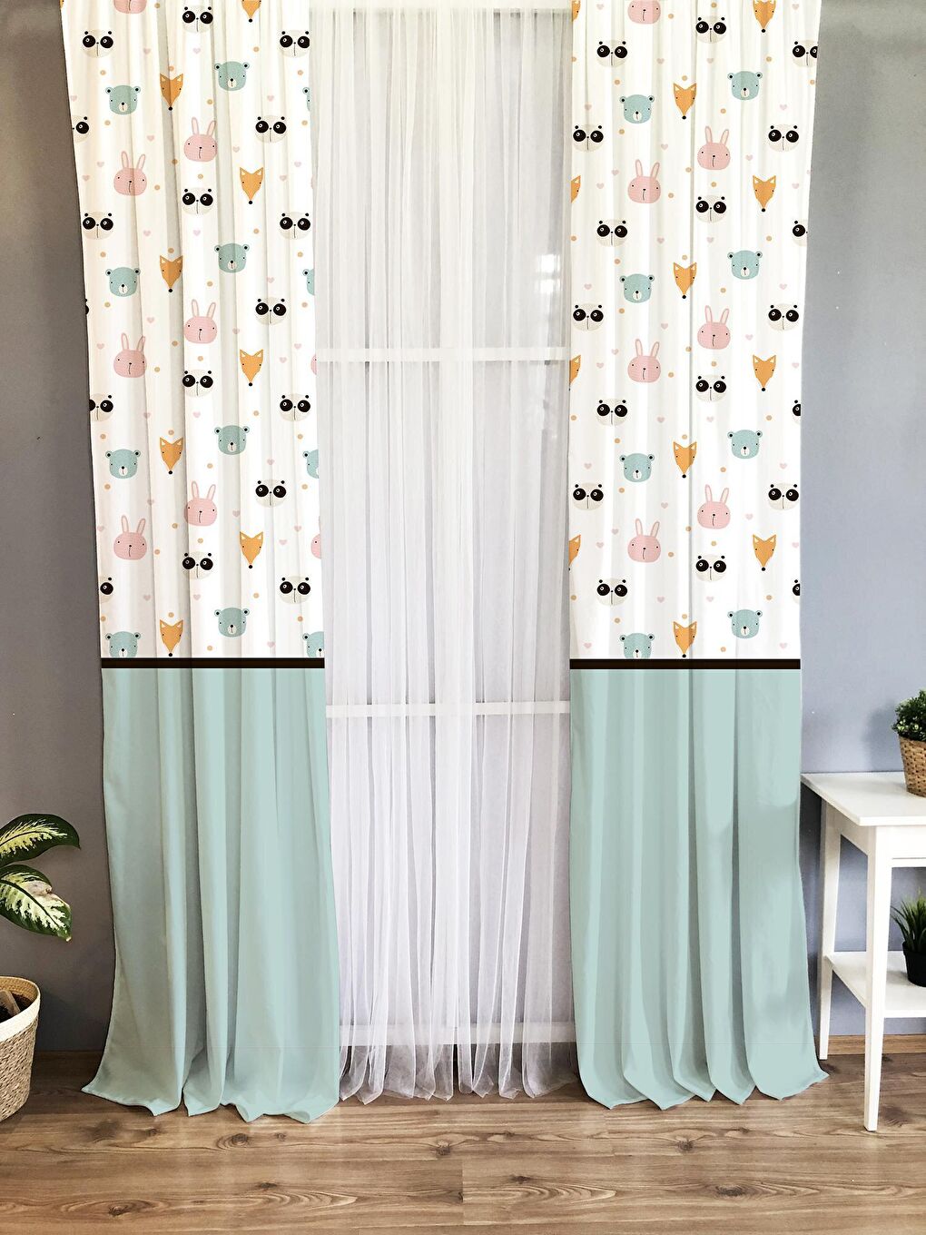 Karışık Tavşan Desenli Çocuk Ve Bebek Odası TEK KANAT Fon Perde