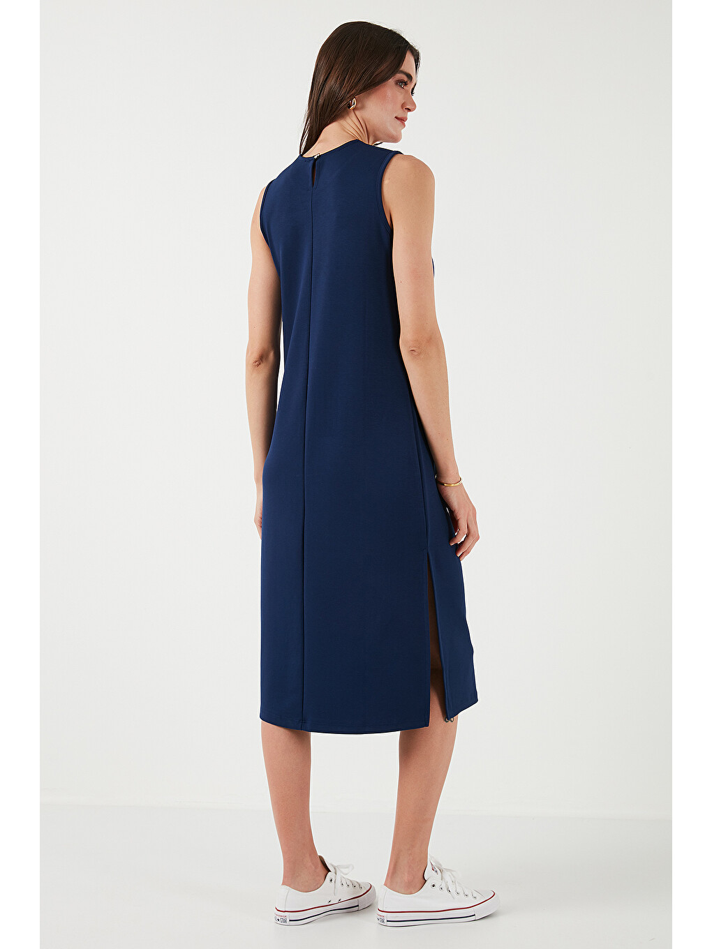 Lacivert Regular Fit Bisiklet Yaka Yırtmaç Detaylı Basic Midi Elbise 5866160-6