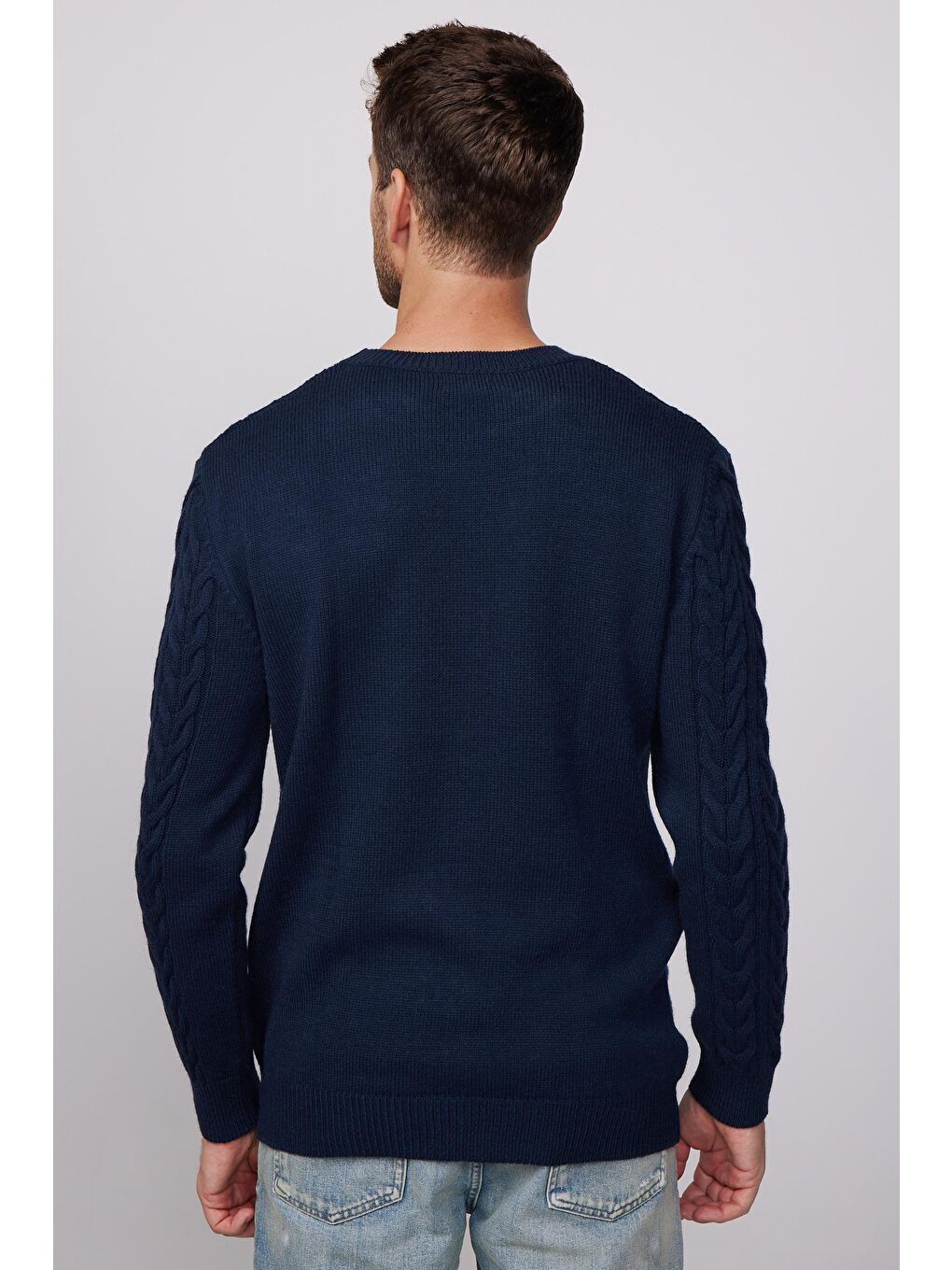 Slim Fit Bisiklet Yaka Desenli Lacivert Erkek Kazak-4