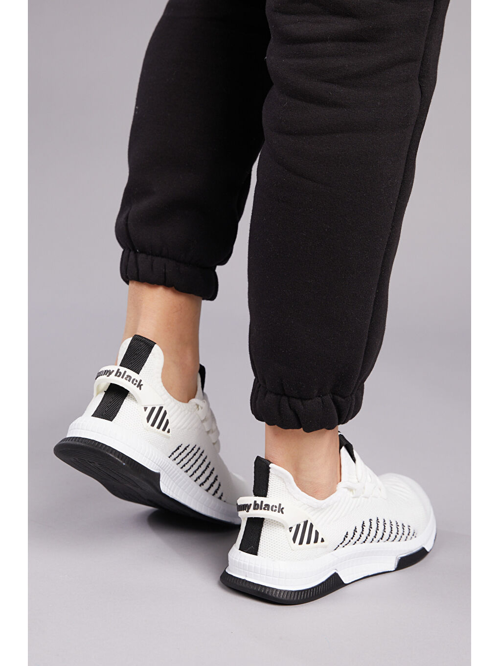 Unisex Beyaz Siyah Poli Taban Tekstil Kumaş Bağcıklı Spor Ayakkabı-2