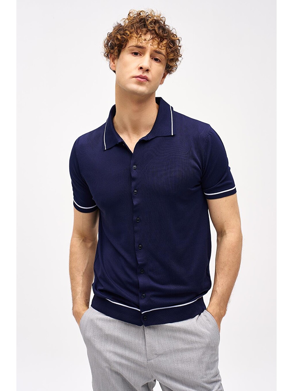 Lacivert Slim Fit Dar Kalıp Düğmeli Desenli Kısa Kollu Triko Gömlek-3