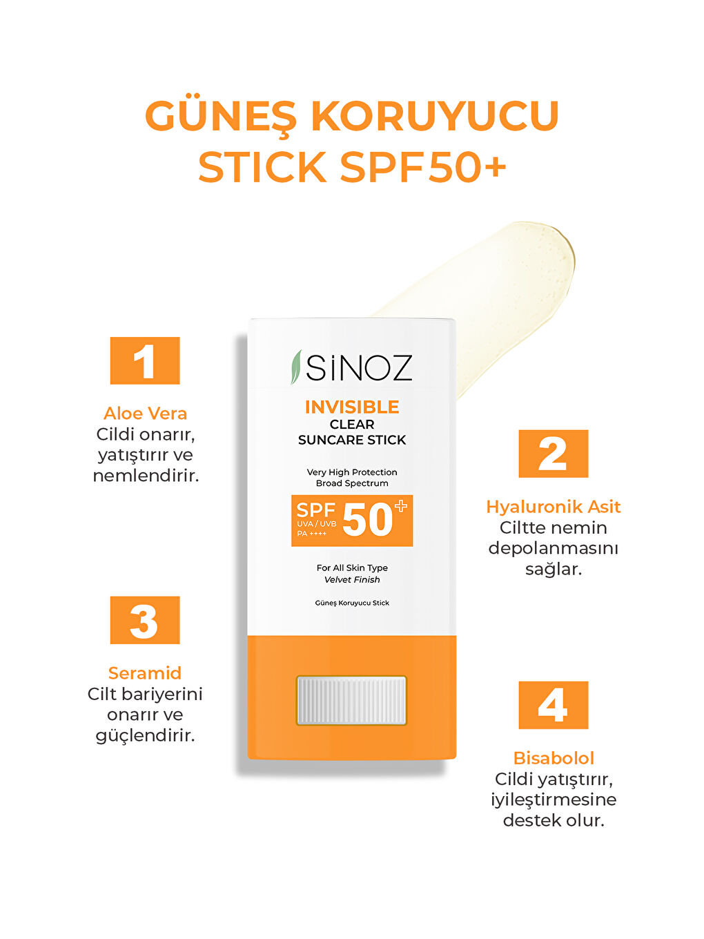 Sinoz Spf50+ Nemlendirici Ve Yatıştırıcı Yüksek Korumalı Şeffaf Stick Güneş Kremi 15 Gr - 1