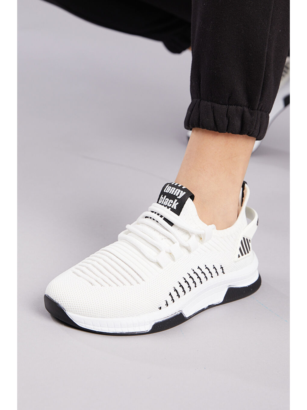 Unisex Beyaz Siyah Poli Taban Tekstil Kumaş Bağcıklı Spor Ayakkabı-3