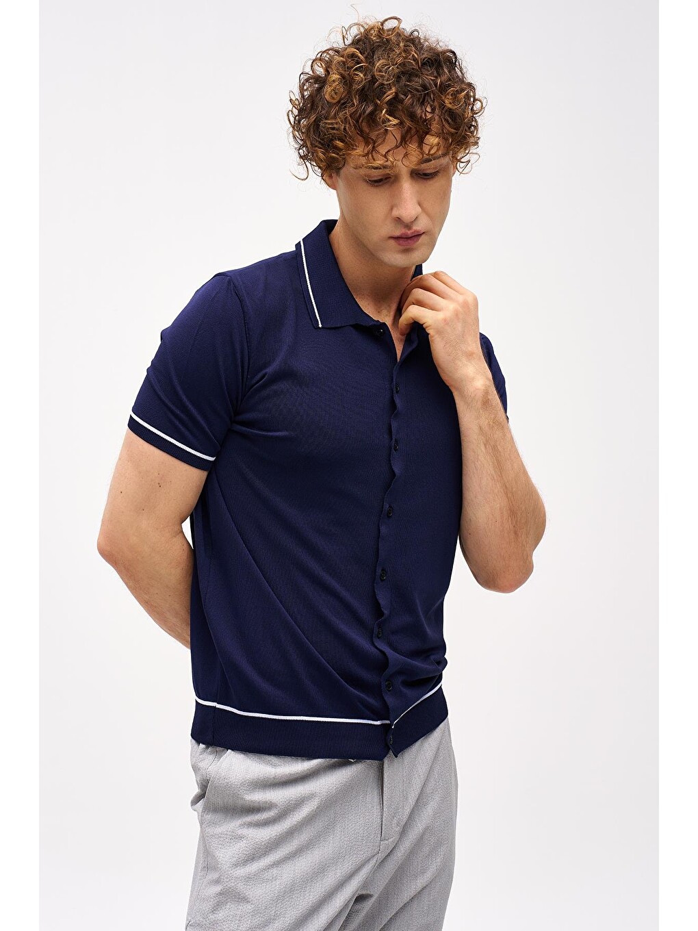 Lacivert Slim Fit Dar Kalıp Düğmeli Desenli Kısa Kollu Triko Gömlek-4