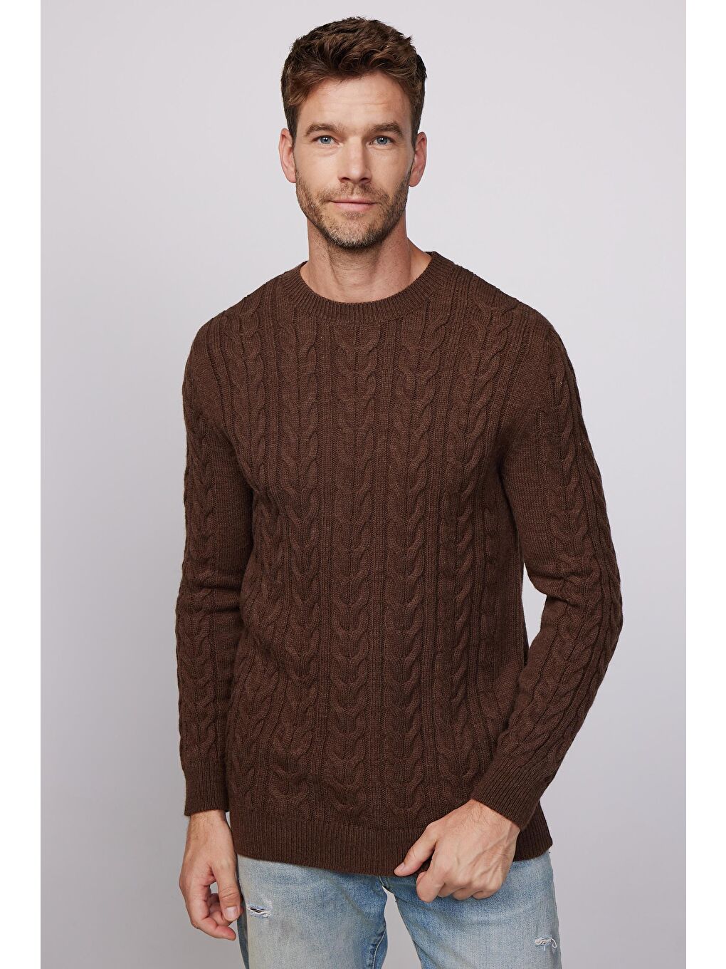 Slim Fit Bisiklet Yaka Desenli Kahverengi Erkek Kazak