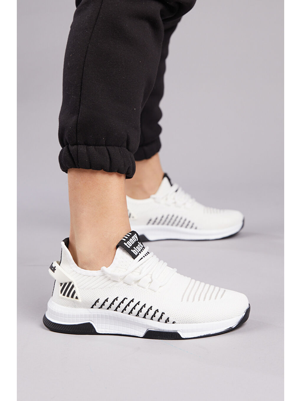 Unisex Beyaz Siyah Poli Taban Tekstil Kumaş Bağcıklı Spor Ayakkabı-4
