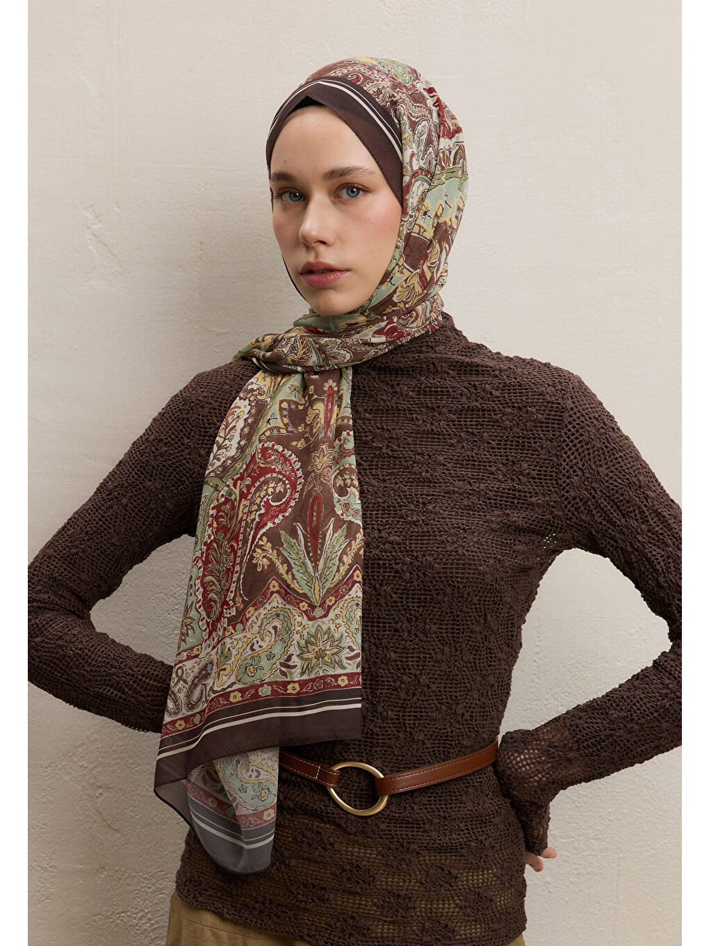 Kahverengi Dark Bohemy Desen İpek Krep Şal Kahve-3