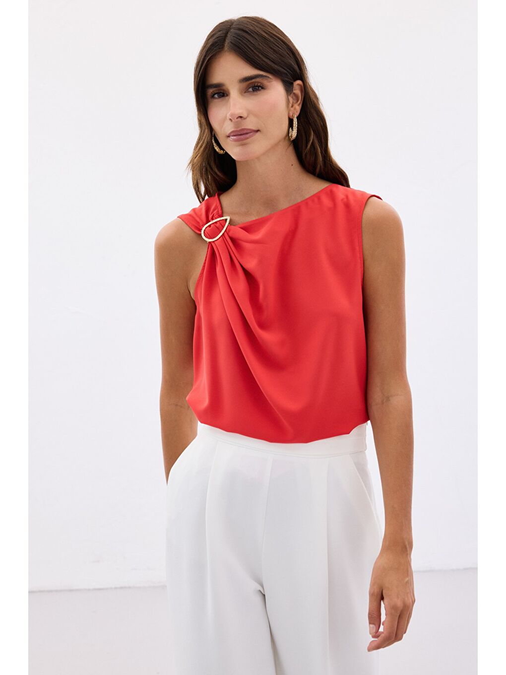 Tek Omuz Detaylı Bluz - Kırmızı-1