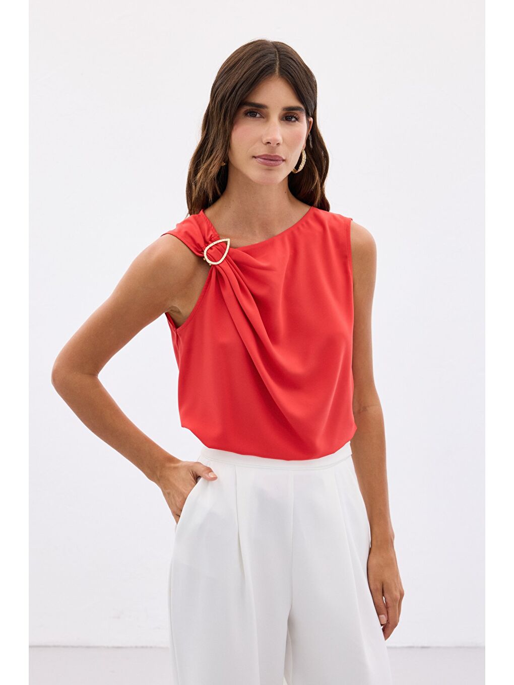 Tek Omuz Detaylı Bluz - Kırmızı-2