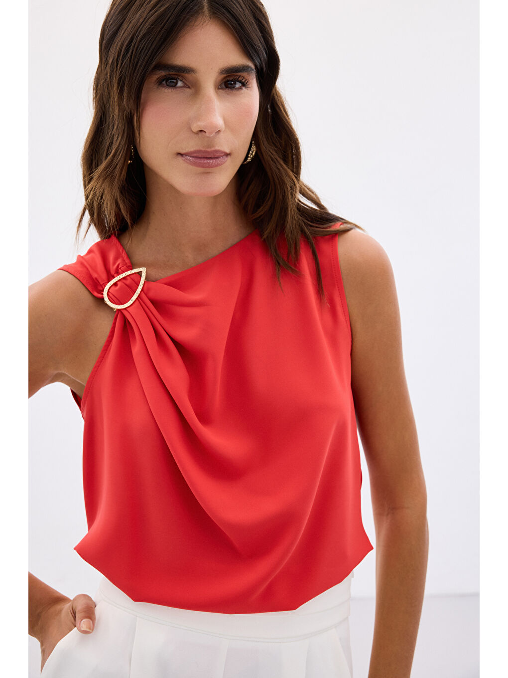 Tek Omuz Detaylı Bluz - Kırmızı-3